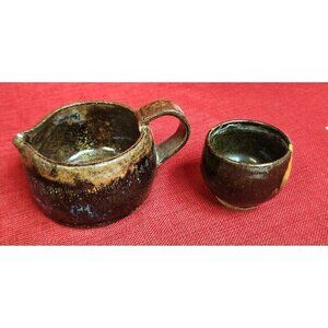 Vintage Ceramic Creamer Pitcher & Small Cup Set, Coffee Bar, Unique Pottery, 198